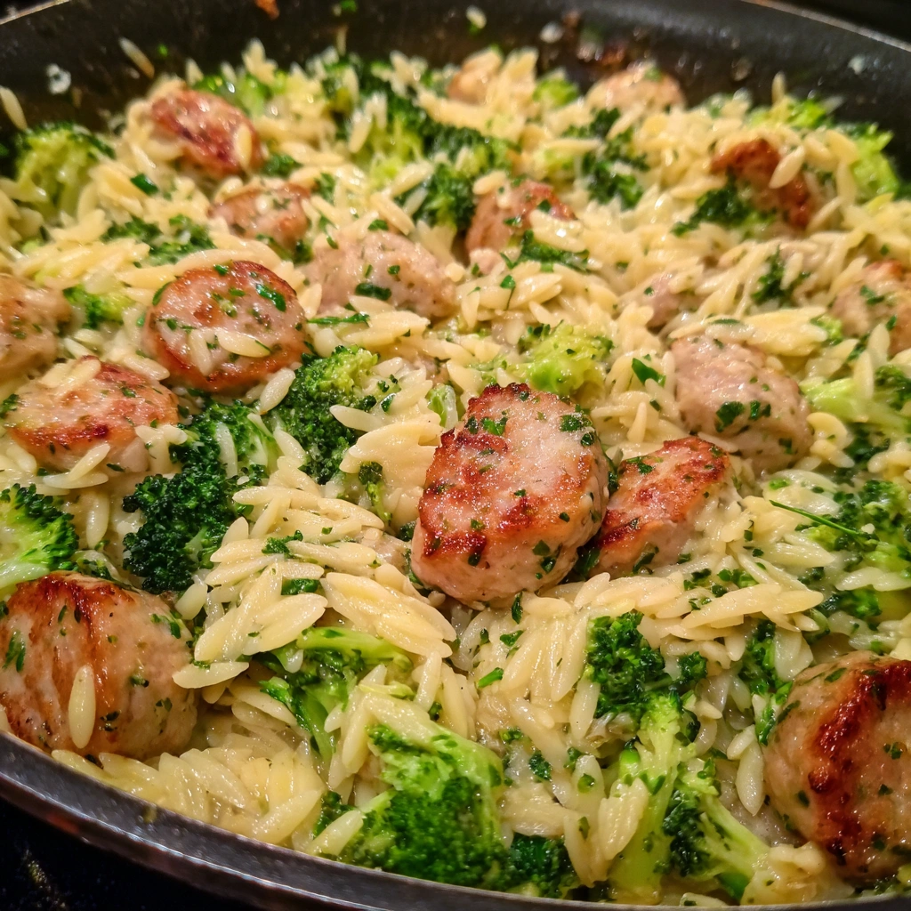 Overhead shot of orzo pasta mixed with sliced sausage and bright green broccoli