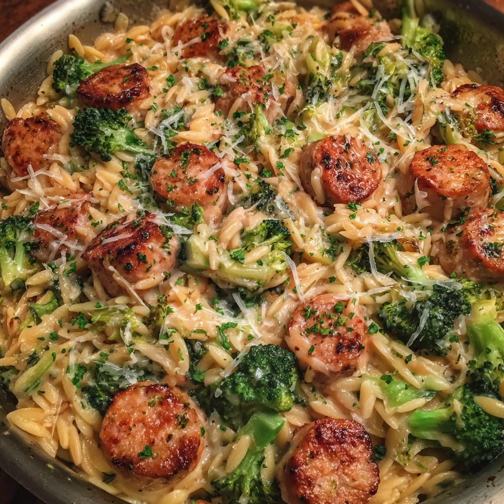 Dinner plate with creamy orzo, sausage slices, and broccoli florets, garnished with Parmesan