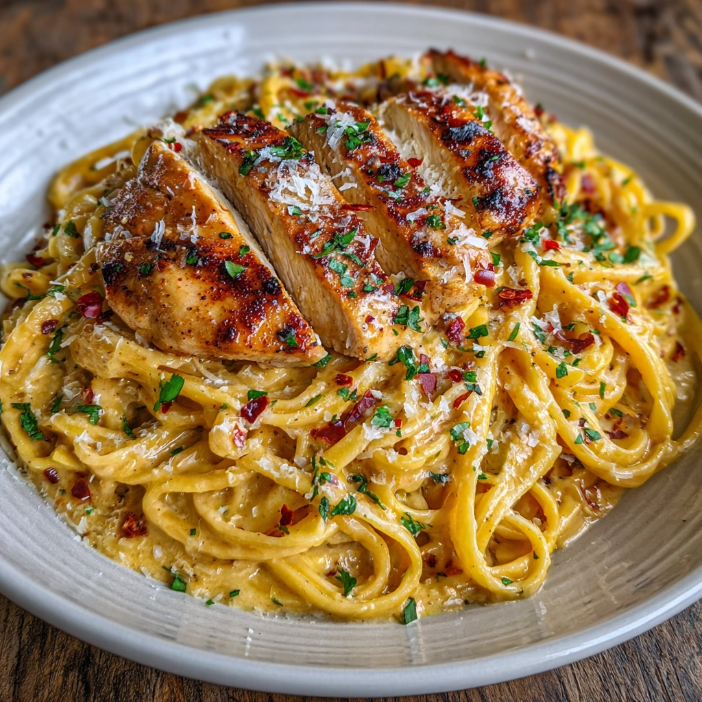 Creamy cowboy butter chicken pasta served in a white bowl