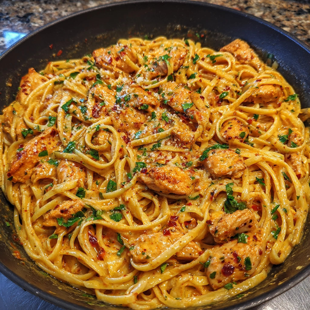 Family-style dish of cowboy butter pasta with parsley garnish