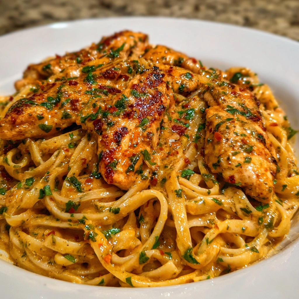 Fork twirling linguine with chicken and buttery sauce