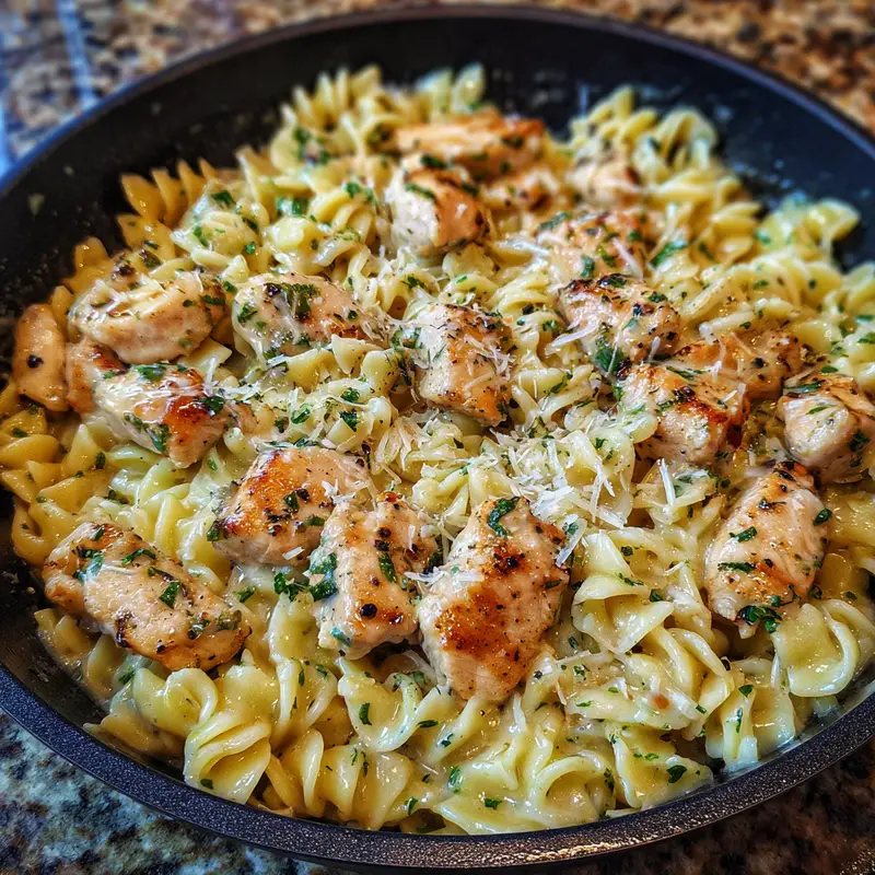 Overhead shot of pasta coated in garlic parmesan cream with herbs