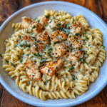 Creamy garlic parmesan chicken pasta twirled on a fork