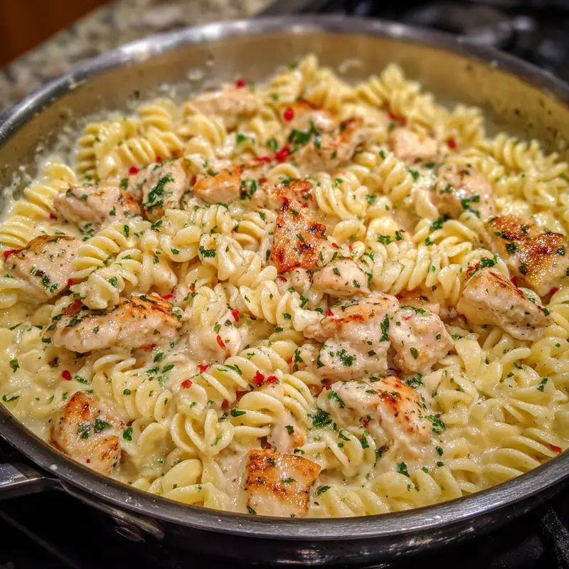 Family-style serving of creamy chicken pasta on a dinner table