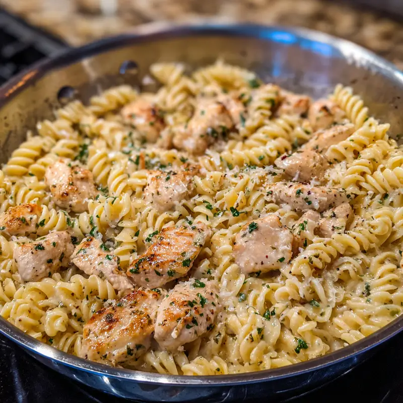 Close-up of cheesy chicken pasta in a skillet with fresh herbs