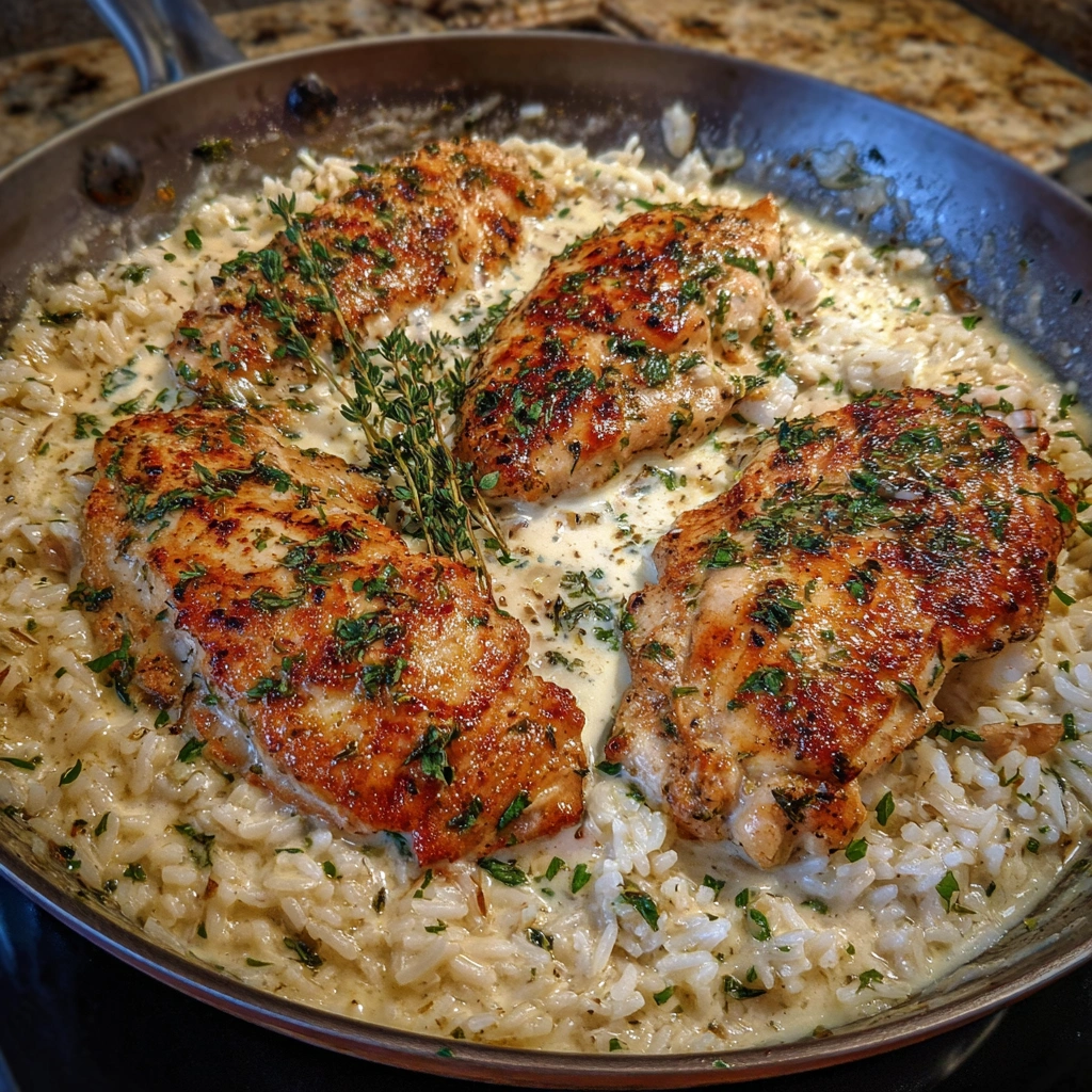 One-pan creamy herb chicken served over fluffy basmati rice with herbs.