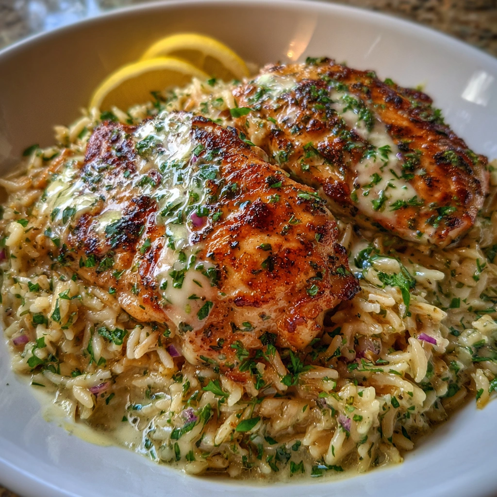 Creamy chicken and rice dish garnished with fresh herbs and a lemon wedge.
