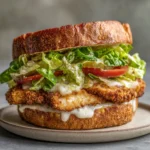Crispy chicken Caesar sandwich sliced in half with visible layers