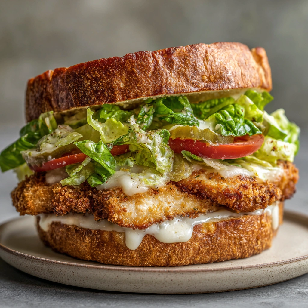 Crispy chicken Caesar sandwich sliced in half with visible layers