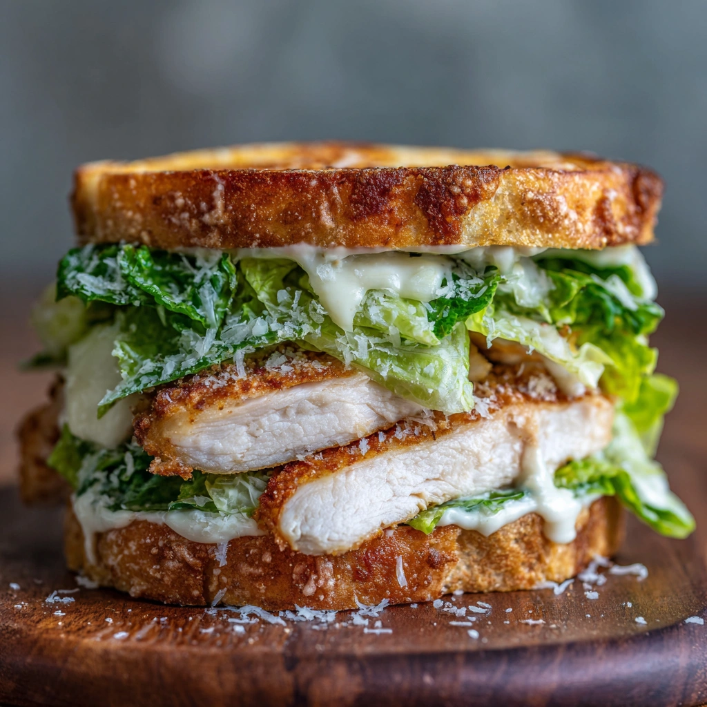 Overhead shot of sandwich with romaine and Parmesan spilling out