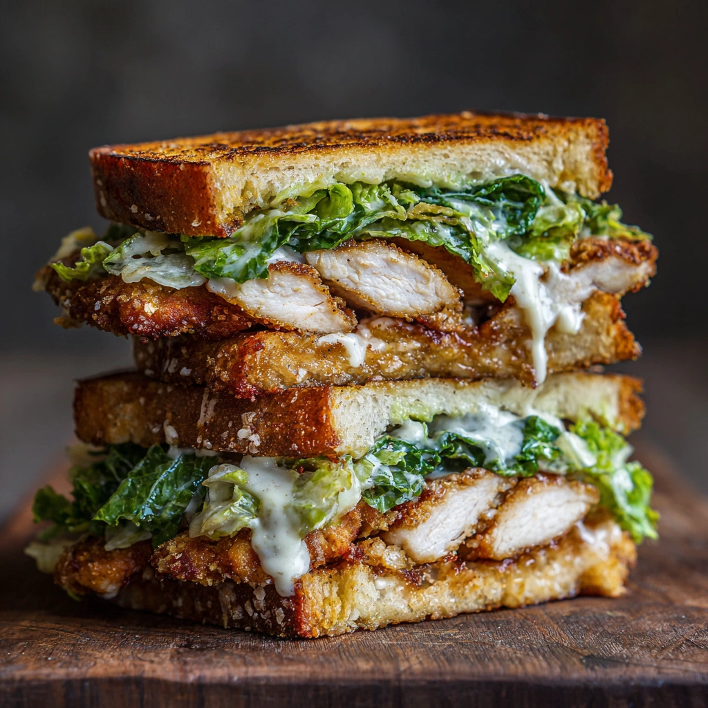 Close-up of breaded chicken with Caesar dressing oozing out