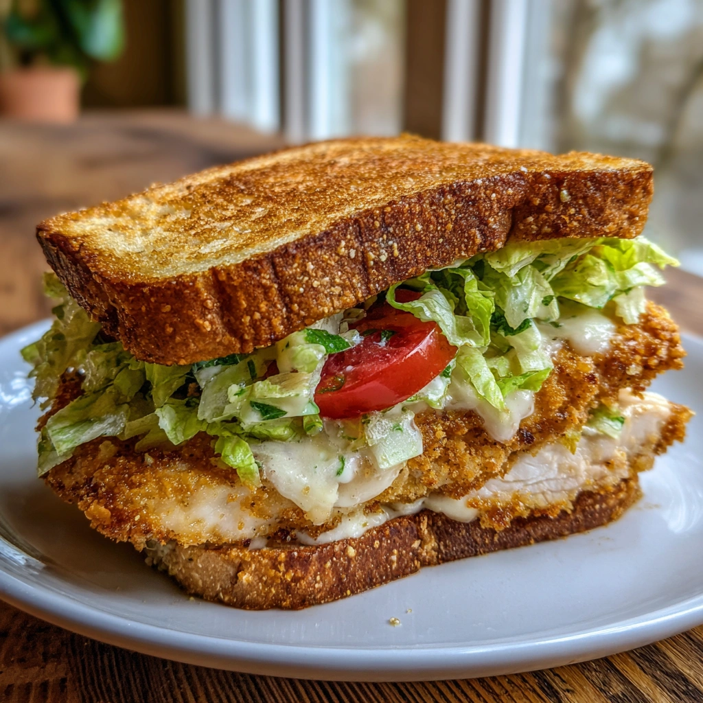 Sandwich held in hand with melted cheese and lettuce peeking out