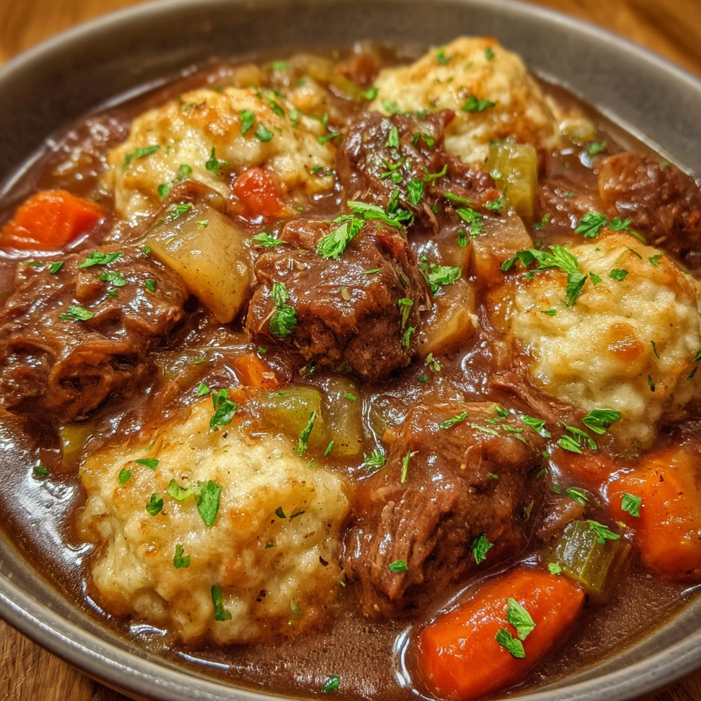 Top view of Dutch oven with bubbling beef stew and dumplings