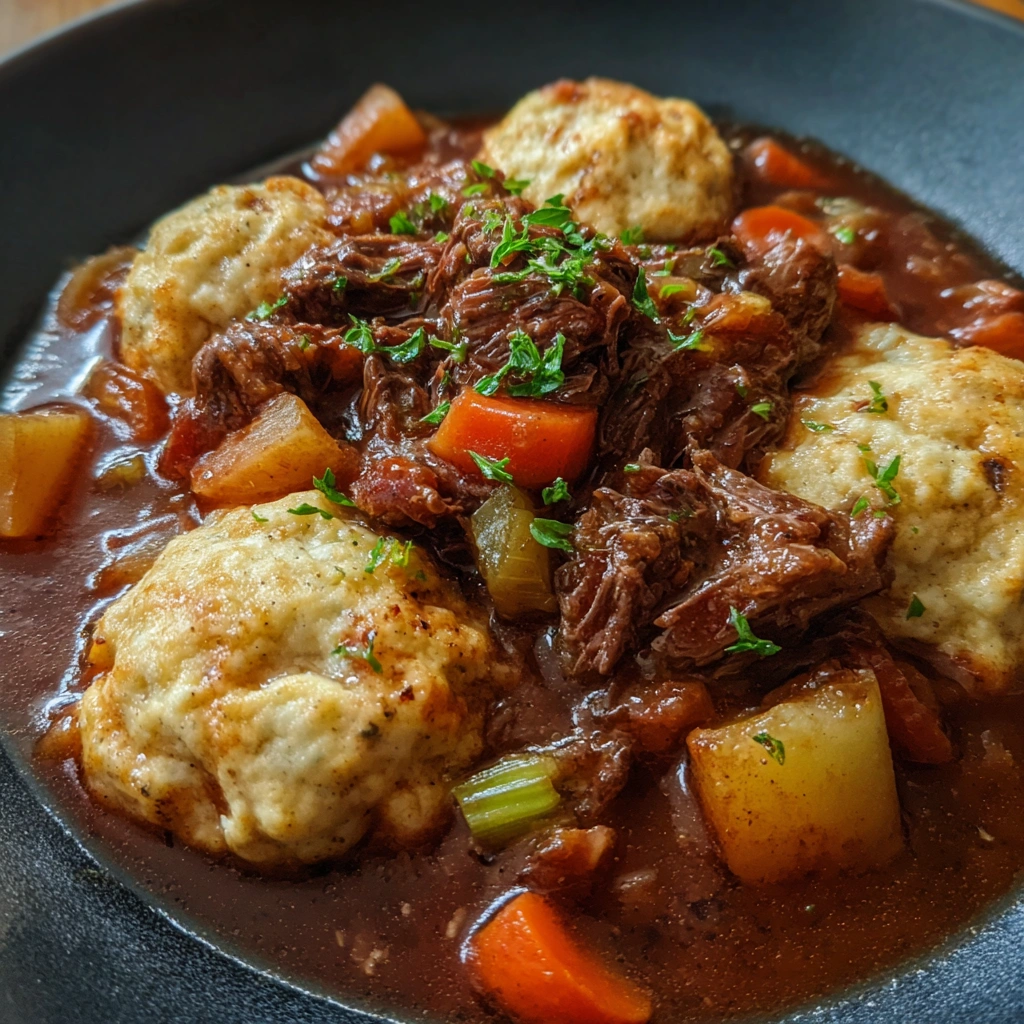 Spoon lifting dumpling from beef stew with herbs