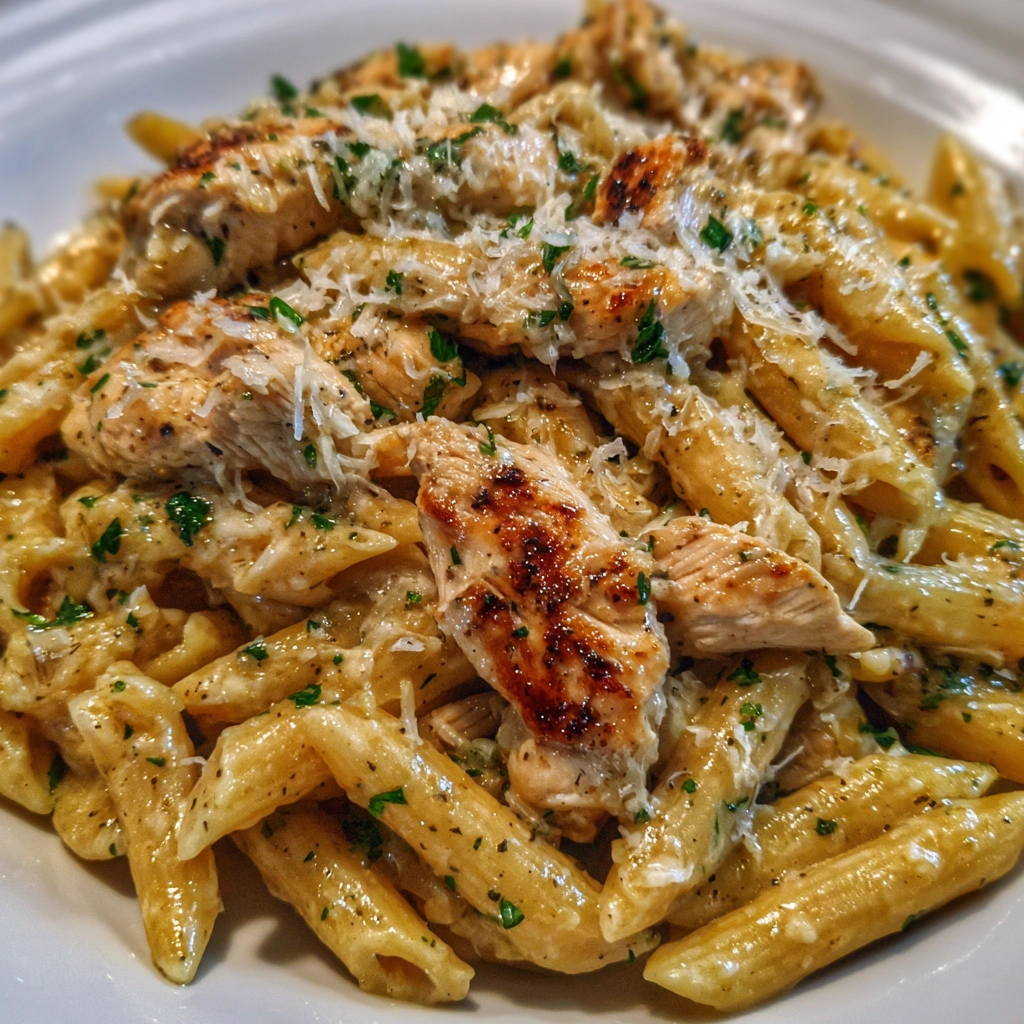 Fork twirling creamy chicken pasta topped with herbs