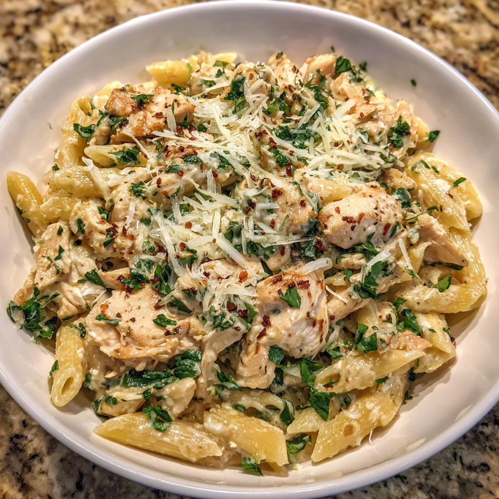 A creamy bowl of whole wheat pasta with chicken and parmesan