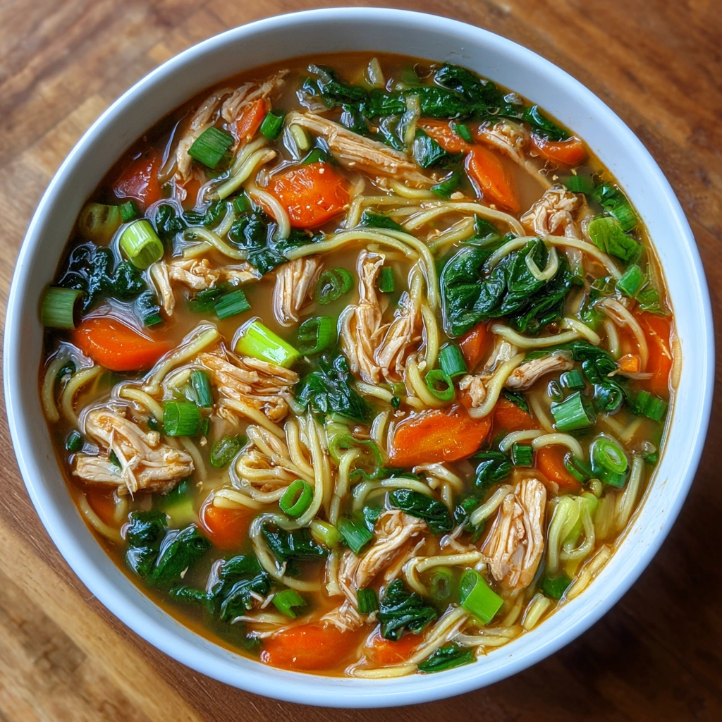 Top-down view of vibrant chicken noodle soup with herbs and chili flakes