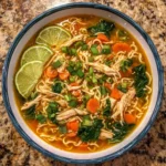 Bowl of ginger garlic chicken noodle soup with greens and carrots