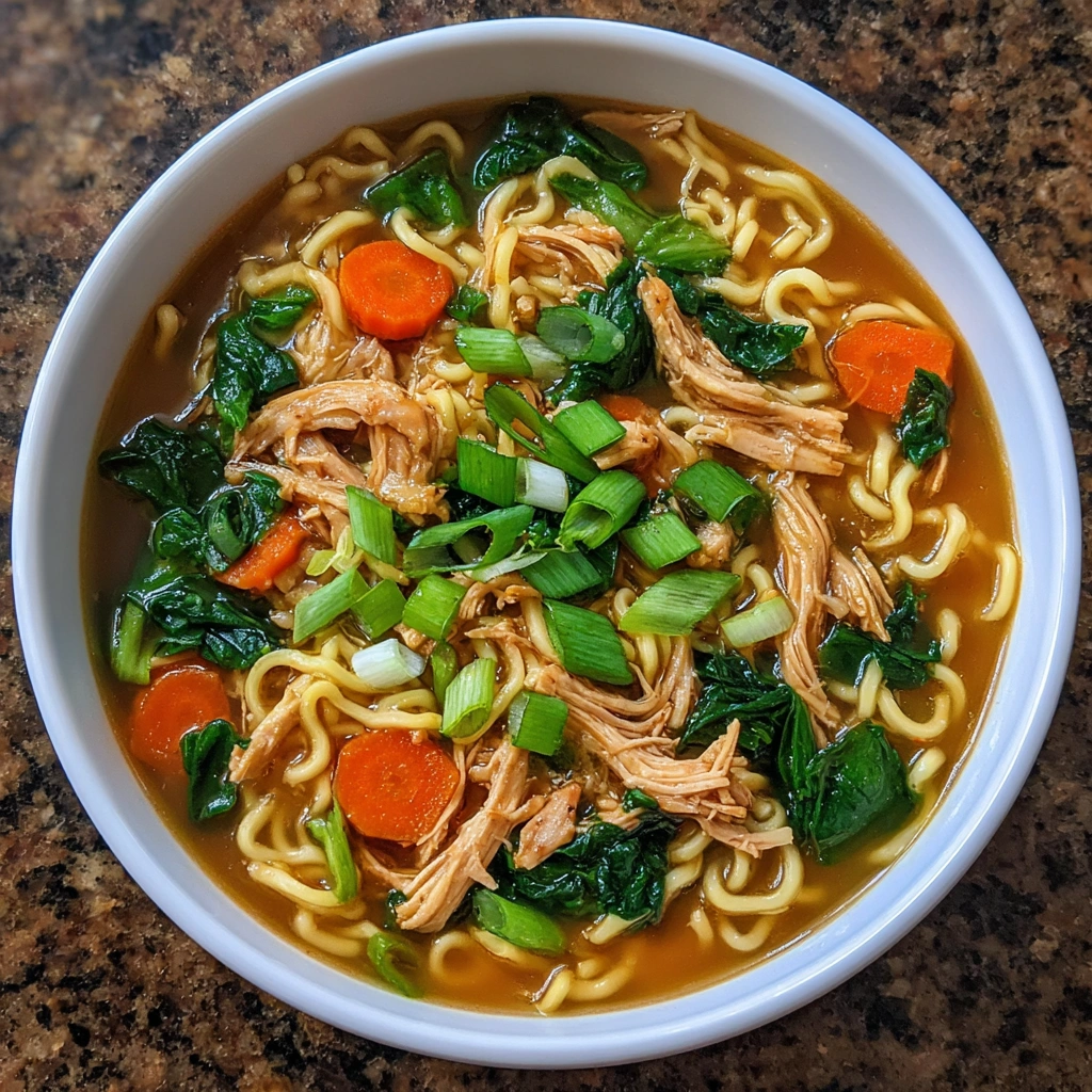 Close-up of noodles in a broth with chicken and sliced green onions
