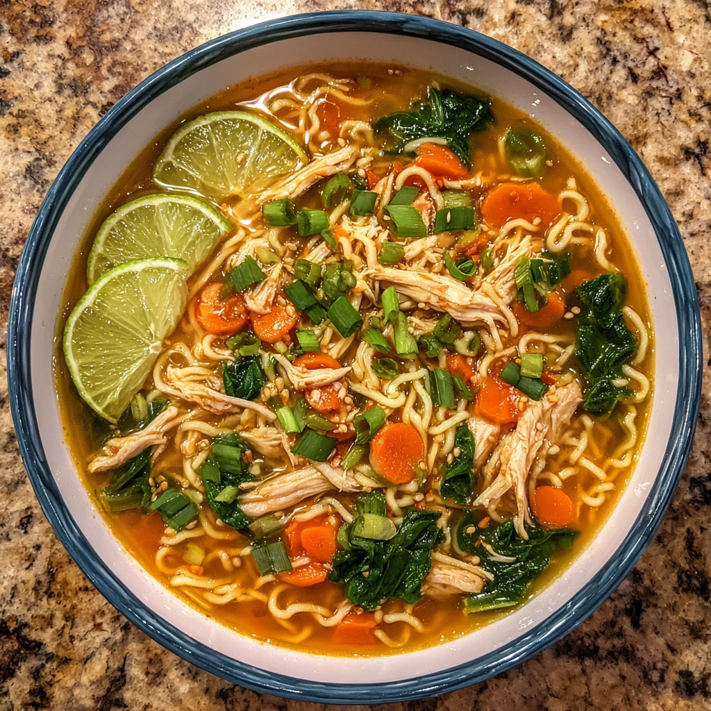 Bowl of ginger garlic chicken noodle soup with greens and carrots