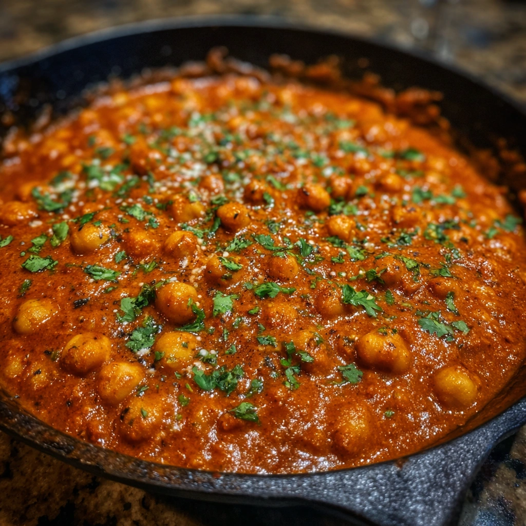 Overhead view of butter chickpeas in a bowl with rice