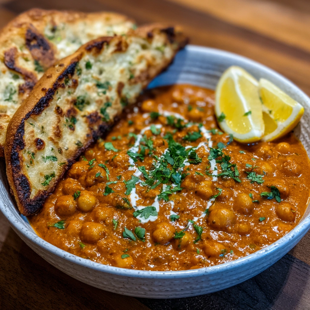 Creamy chickpea curry in a pan with wooden spoon
