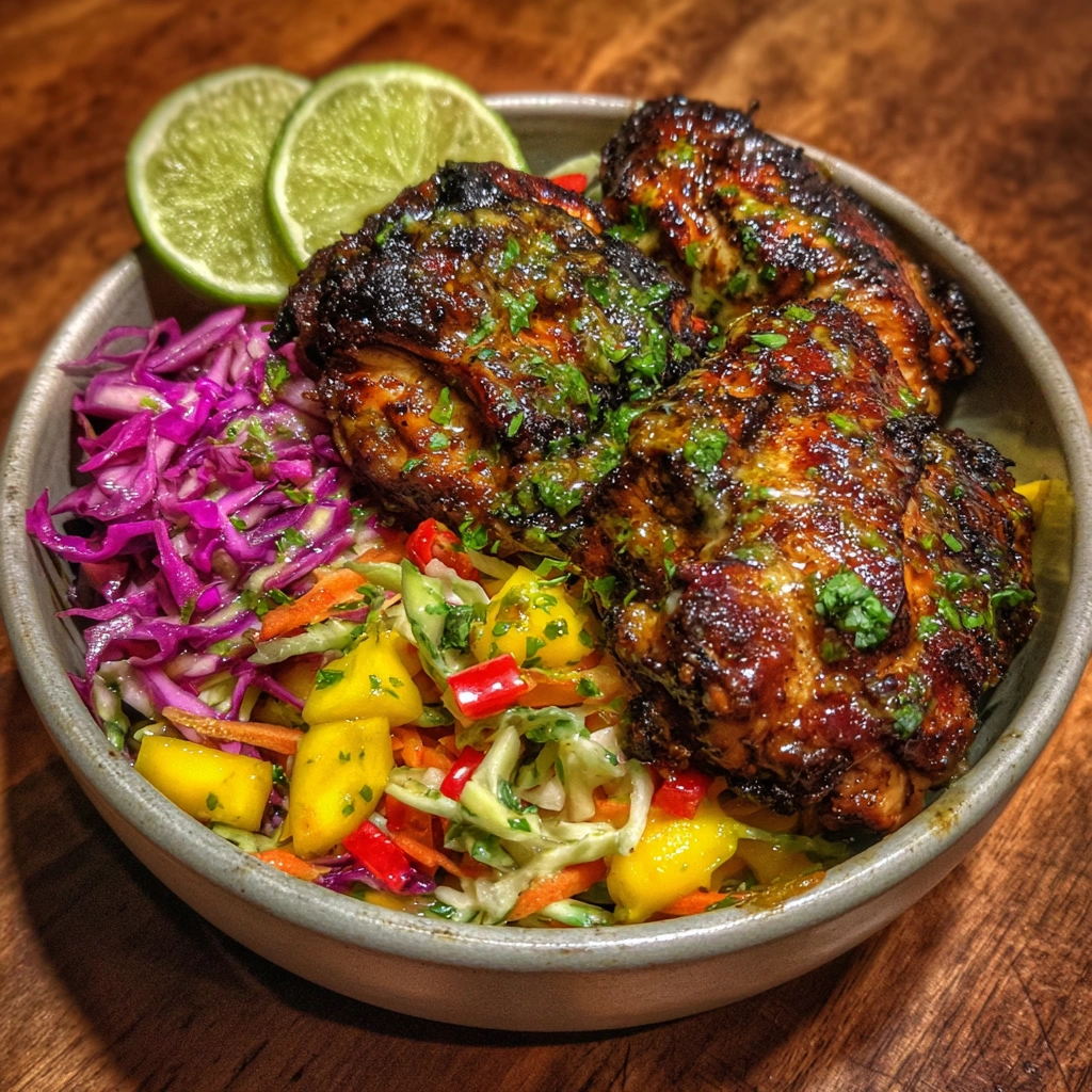 Spoon drizzling honey lime cream over chicken and slaw