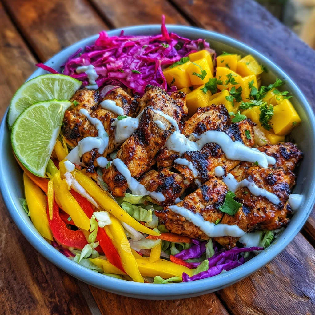 Jerk chicken bowl with mango slaw and creamy drizzle