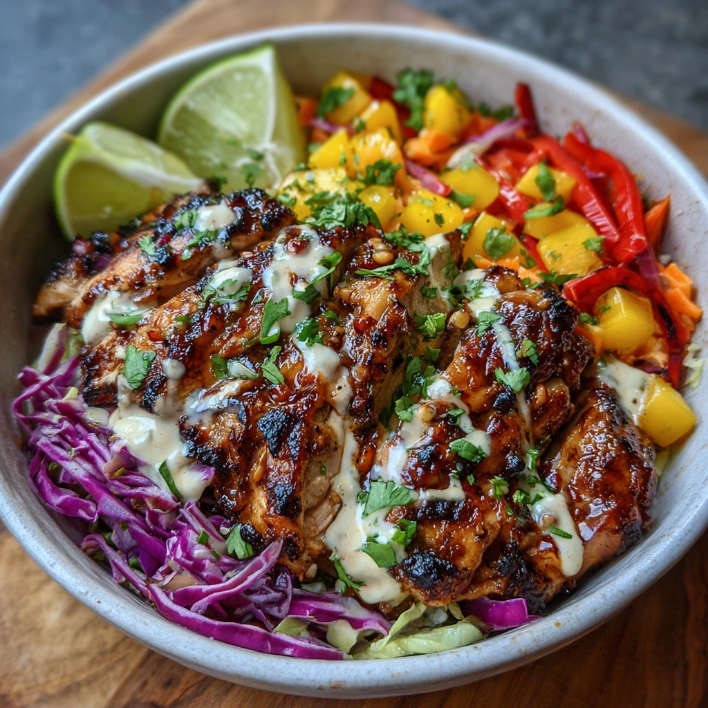 Close-up of sliced jerk chicken over colorful slaw