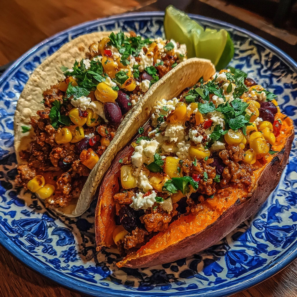 Gebackene Süßkartoffeln, gefüllt mit würziger Hackfleisch-Bohnen-Mischung.