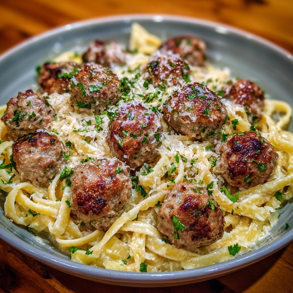 Bowl of Parmesan linguine topped with golden meatballs and parsley