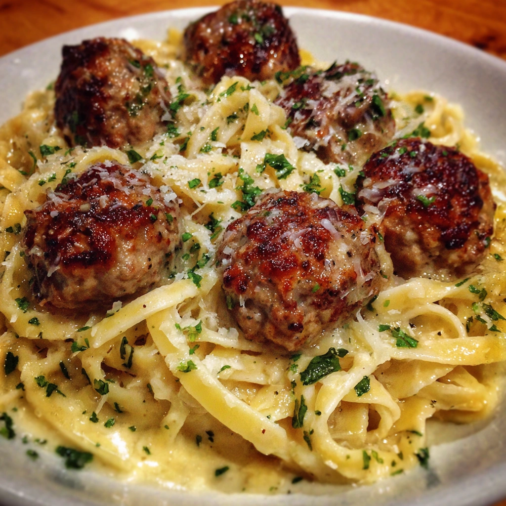 Overhead shot of pasta twirled with meatballs scattered