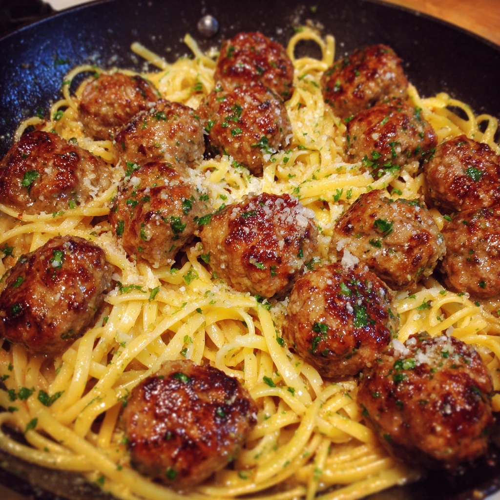 Fork lifting a bite of linguine with meatball