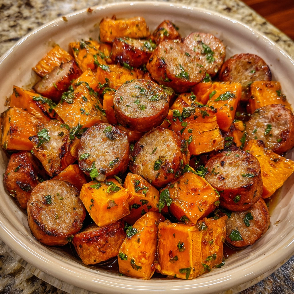 A sheet pan filled with roasted sausage and sweet potatoes glazed in honey garlic sauce.