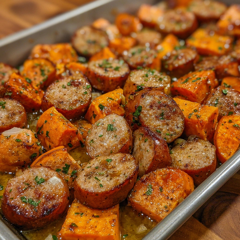 A close-up of golden sausage slices and tender sweet potatoes coated in sauce.