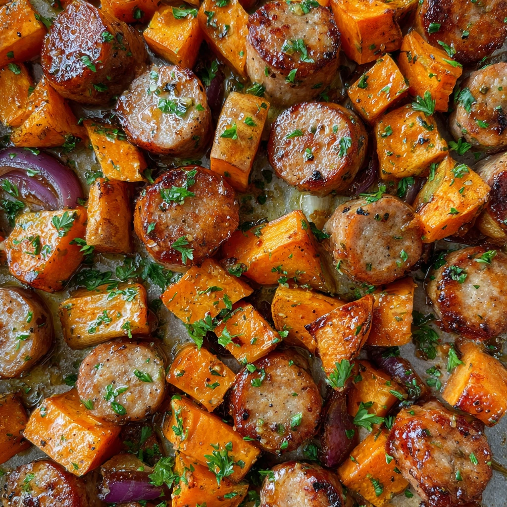 Fork digging into sweet potatoes and sausage coated in honey garlic sauce.