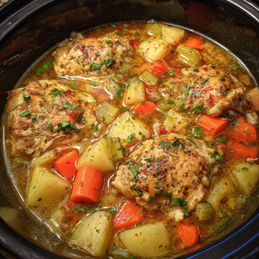 Close-up of chunky chicken, carrots, and potatoes in thick stew