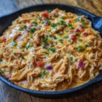 Creamy chicken spaghetti with melted cheese and peppers in a white casserole dish