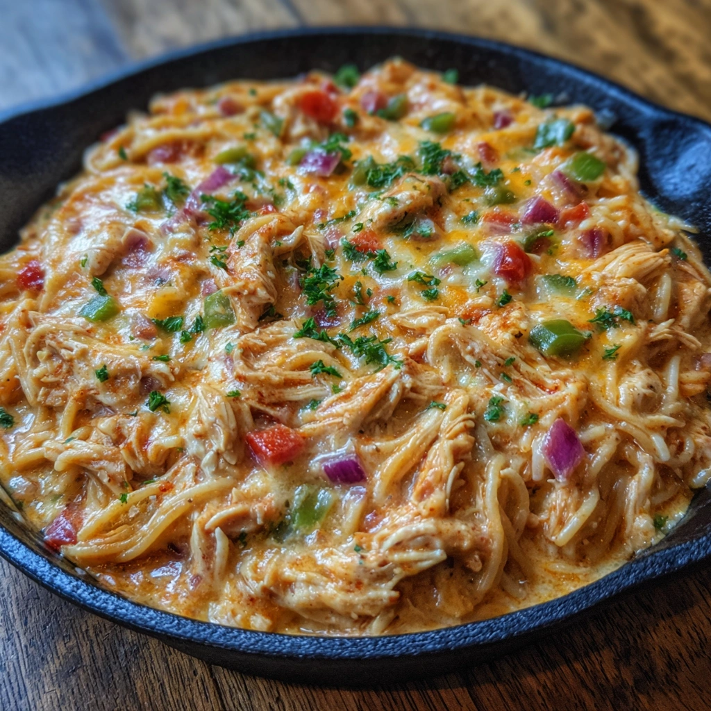 Creamy chicken spaghetti with melted cheese and peppers in a white casserole dish