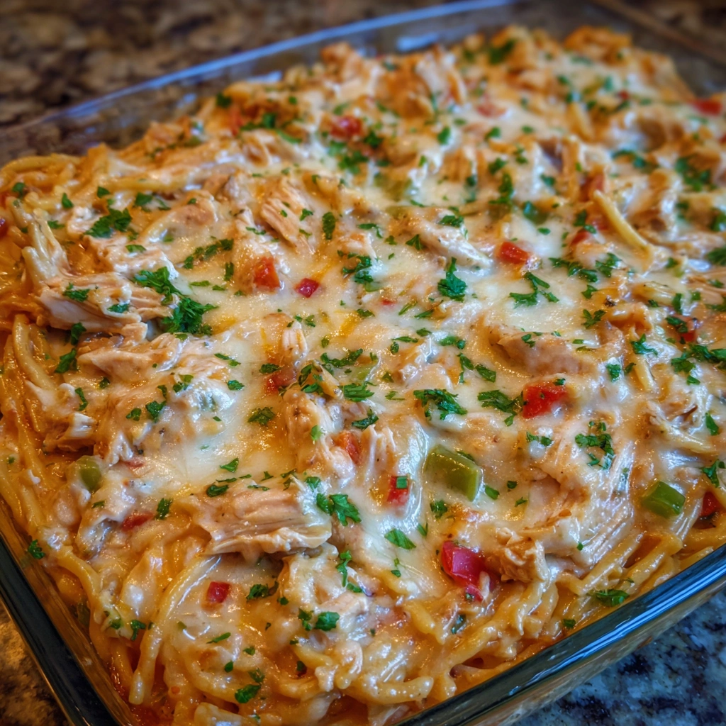 Spaghetti casserole topped with golden melted cheese and herbs