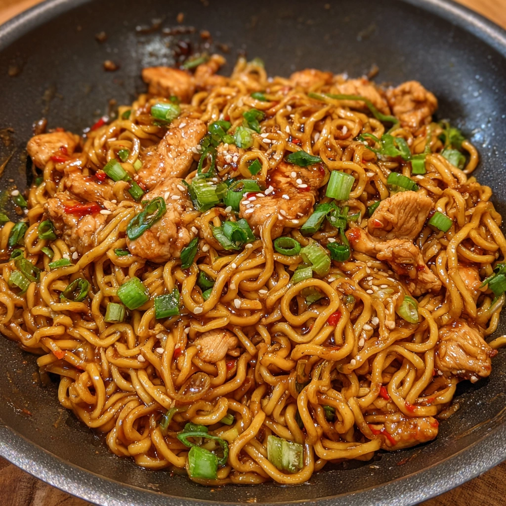 Close-up of glossy noodles and juicy chicken bites