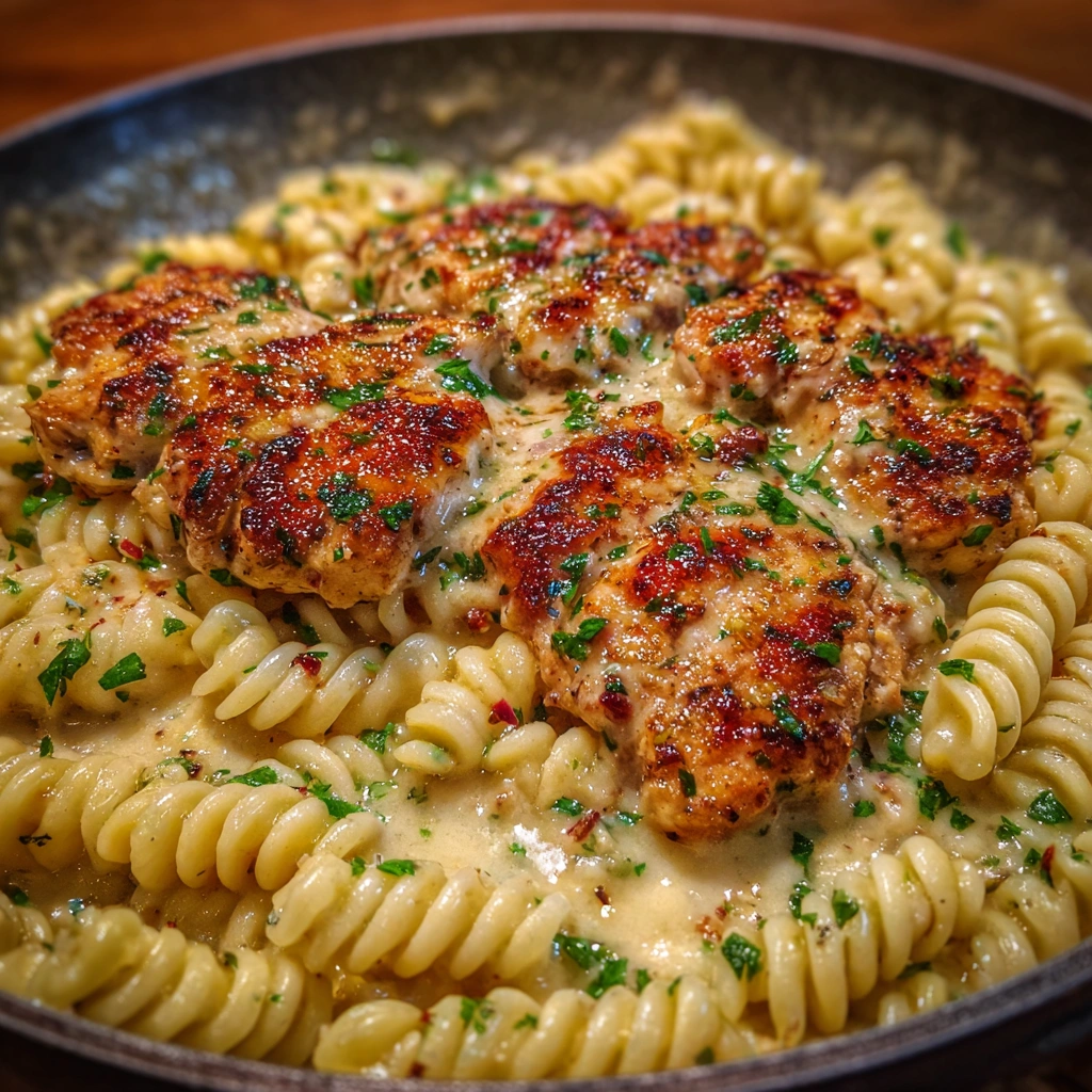 Creamy Garlic Butter Chicken and Rotini in Parmesan Sauce