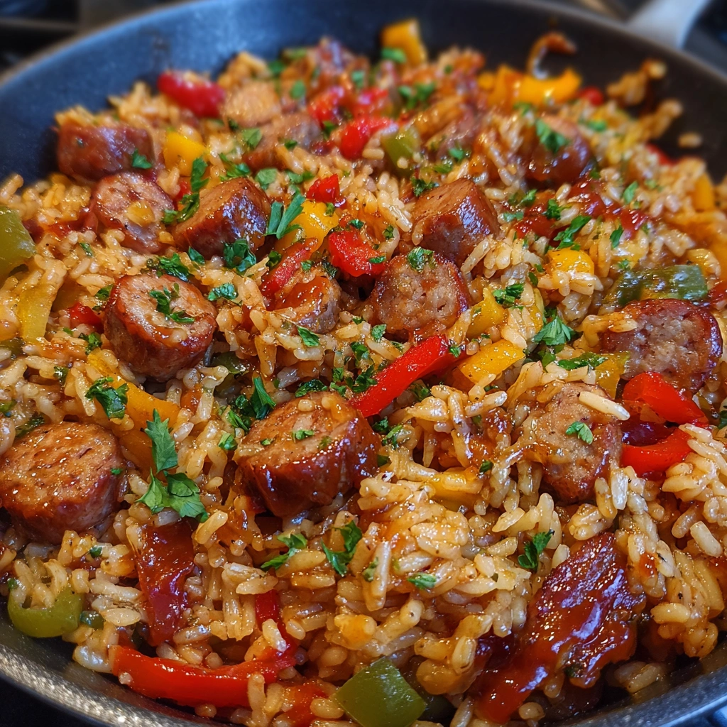 One Pan Sweet and Tangy BBQ Sausage Rice