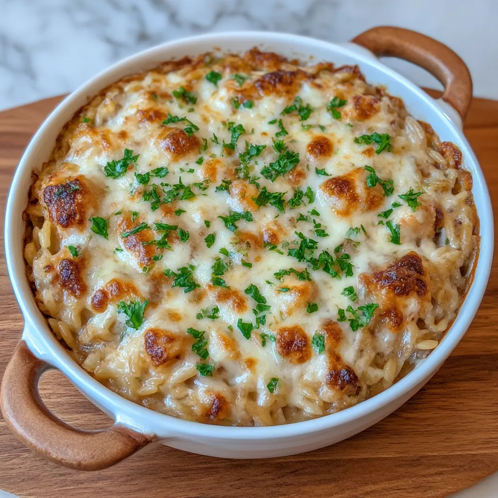 French Onion Chicken Orzo Casserole