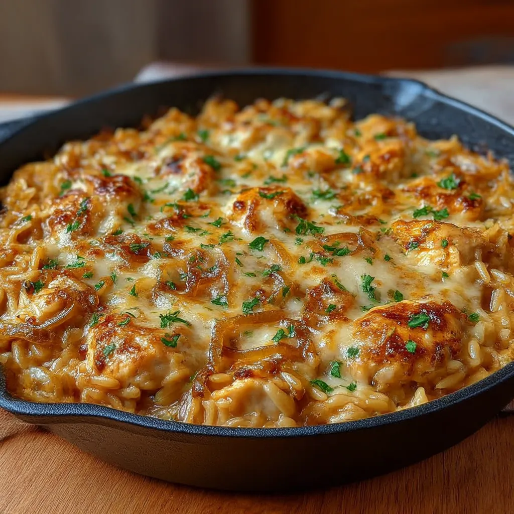 French Onion Chicken Orzo Casserole