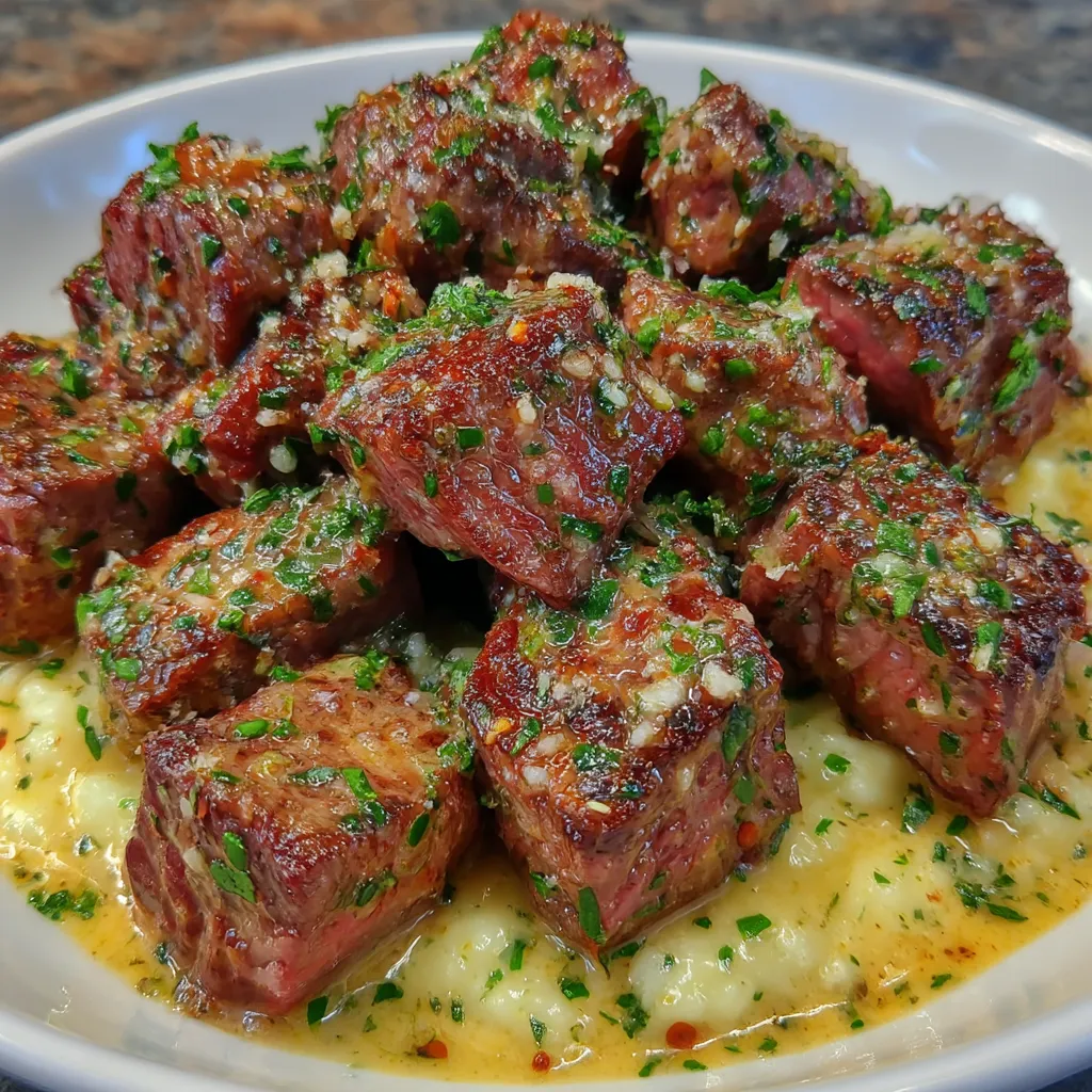 Tender Steak Bites in Garlic Butter with Creamy Parmesan Sauce