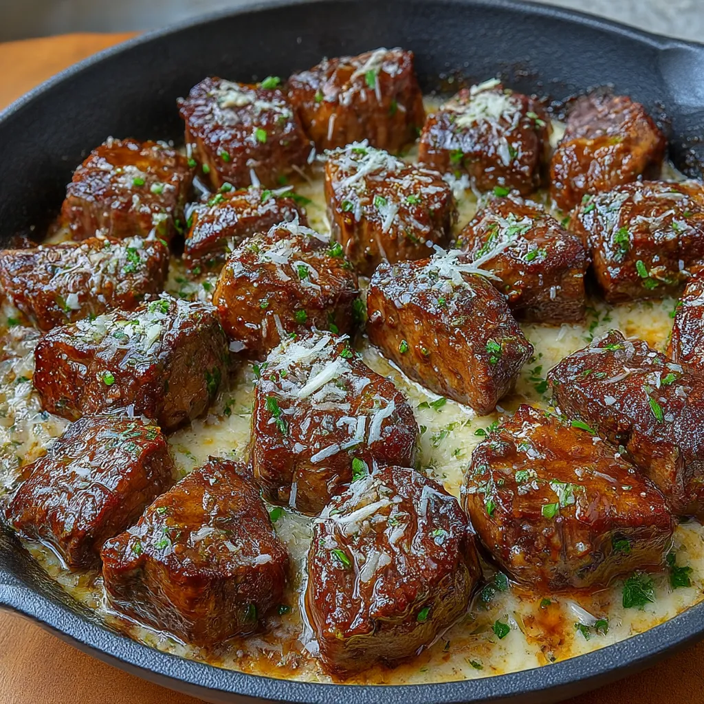 Tender Steak Bites in Garlic Butter with Creamy Parmesan Sauce