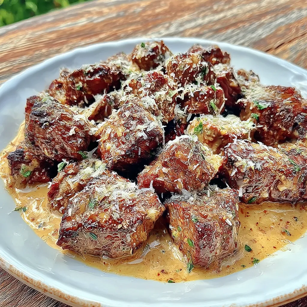Tender Steak Bites in Garlic Butter with Creamy Parmesan Sauce