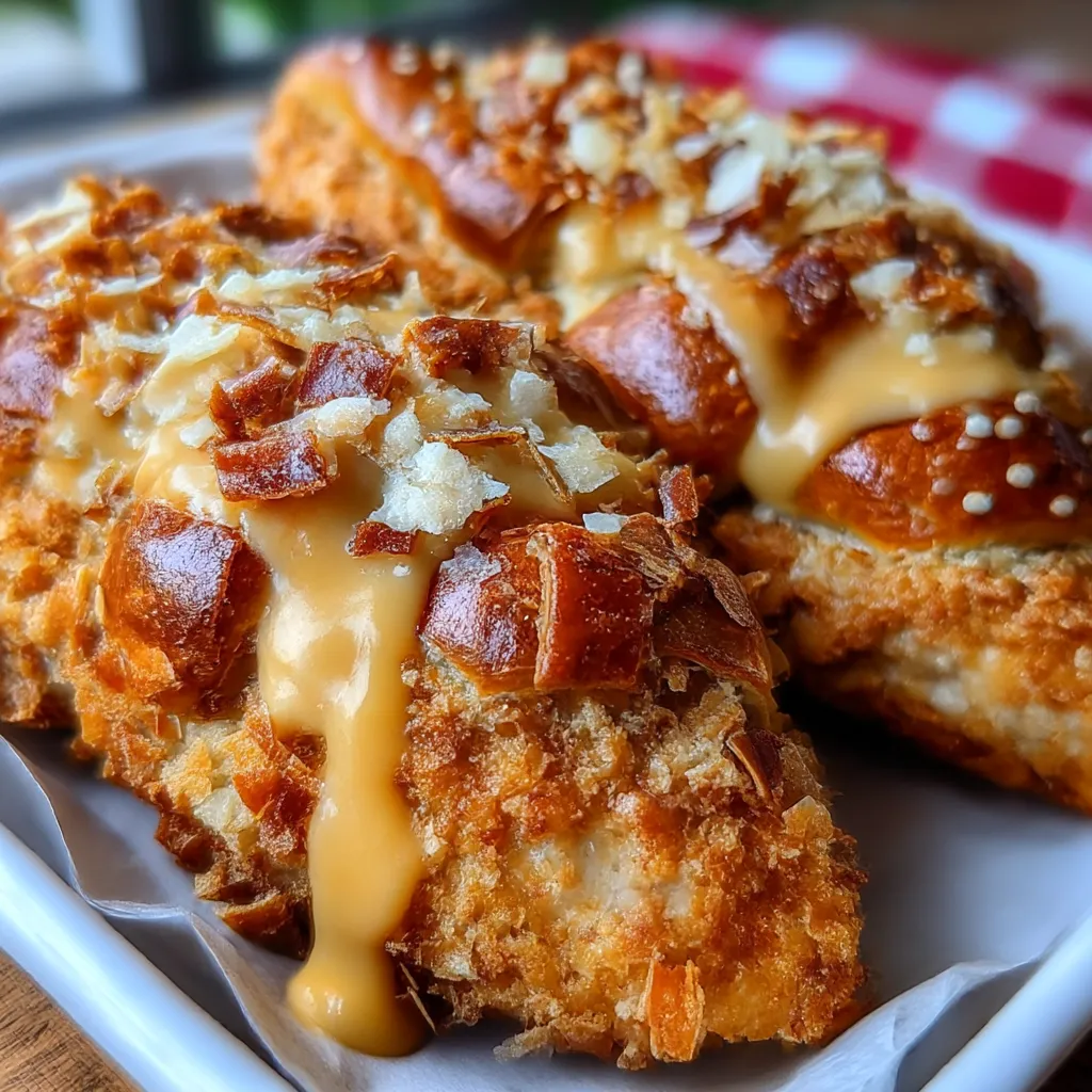 Pretzel Chicken with Mustard Cheddar Sauce