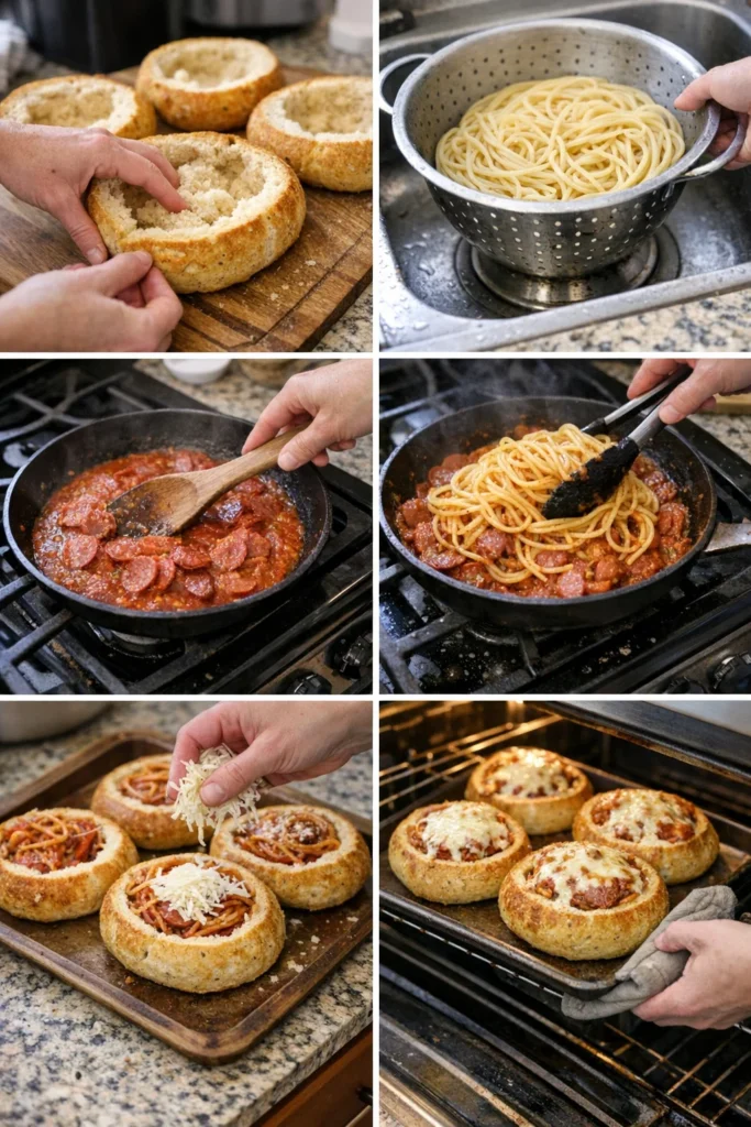 Spaghetti Garlic Bread Bowls